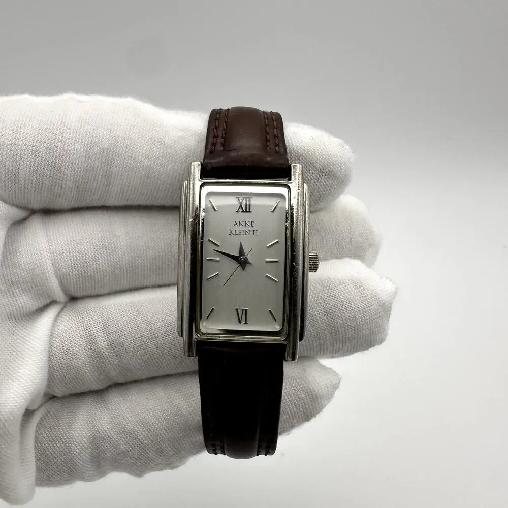 Anne Klein II Rectangular Silver Dial Brown Leather Quartz Watch